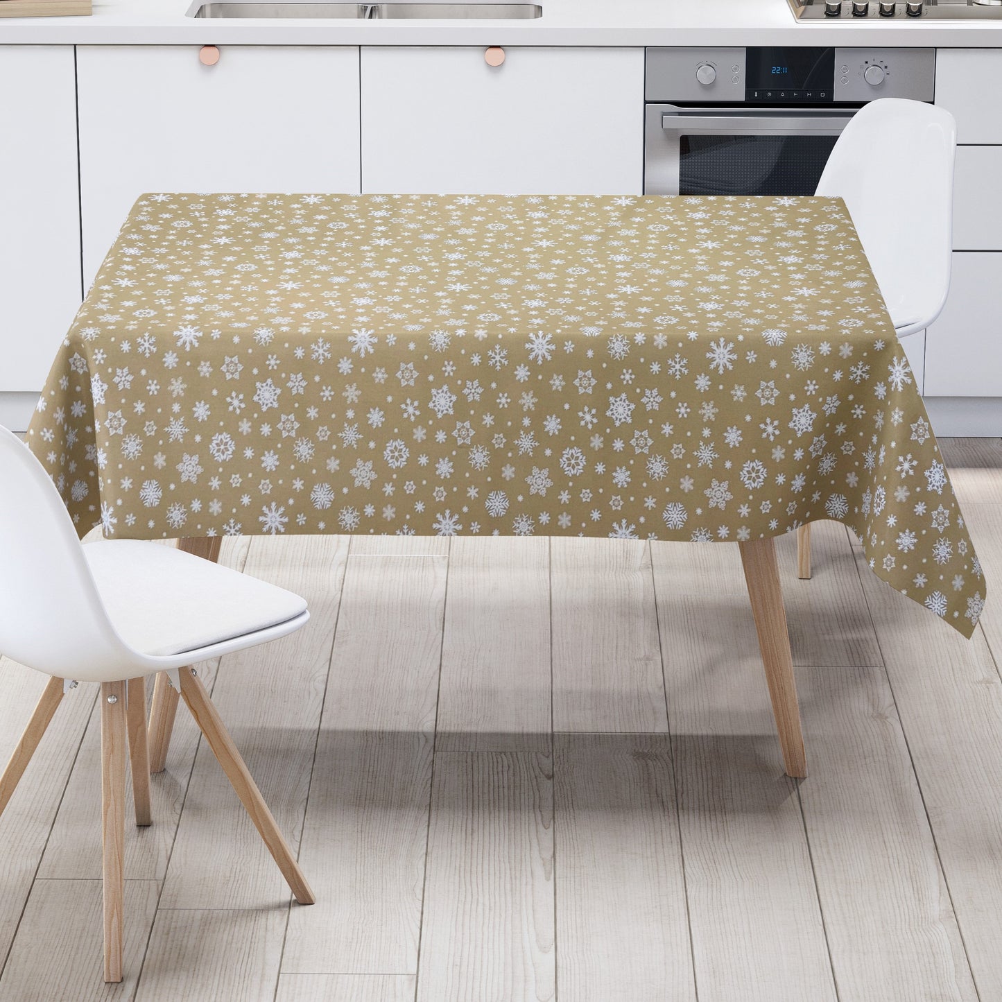 Wachstuch Tischdecke geprägt Weihnachten P1096-1 Schneeflocken auf gold eckig rund oval