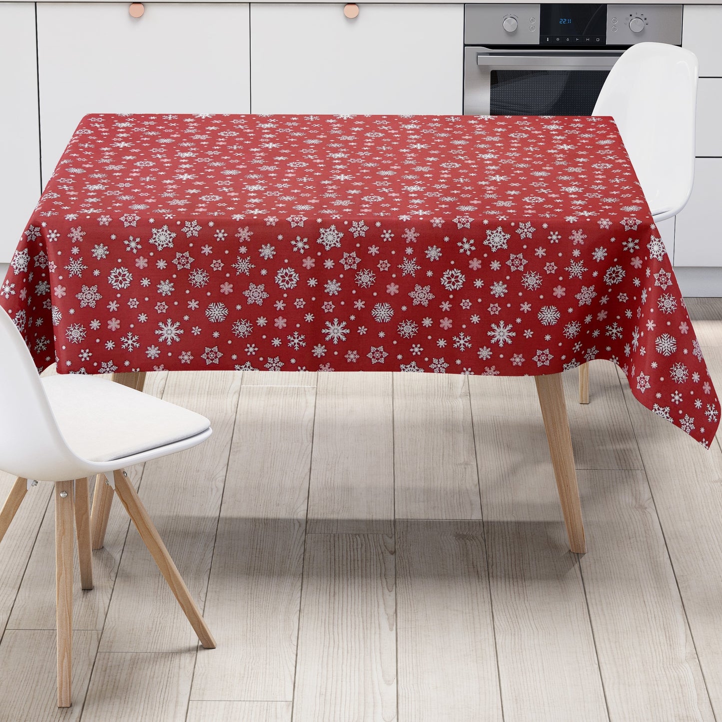 Wachstuch Tischdecke geprägt Weihnachten P1096-3 Schneeflocken auf rot eckig rund oval