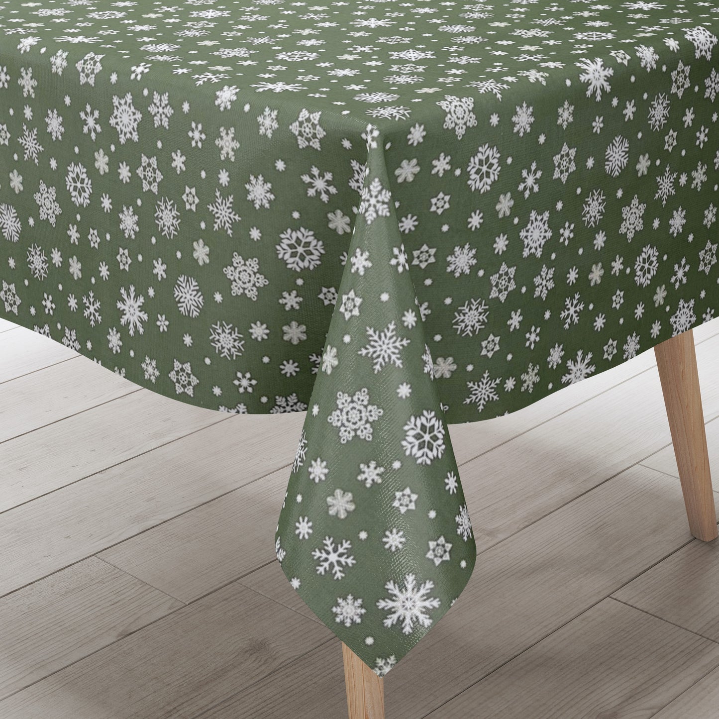 Oilcloth tablecloth embossed Christmas P1096-4 snowflakes on green square round oval