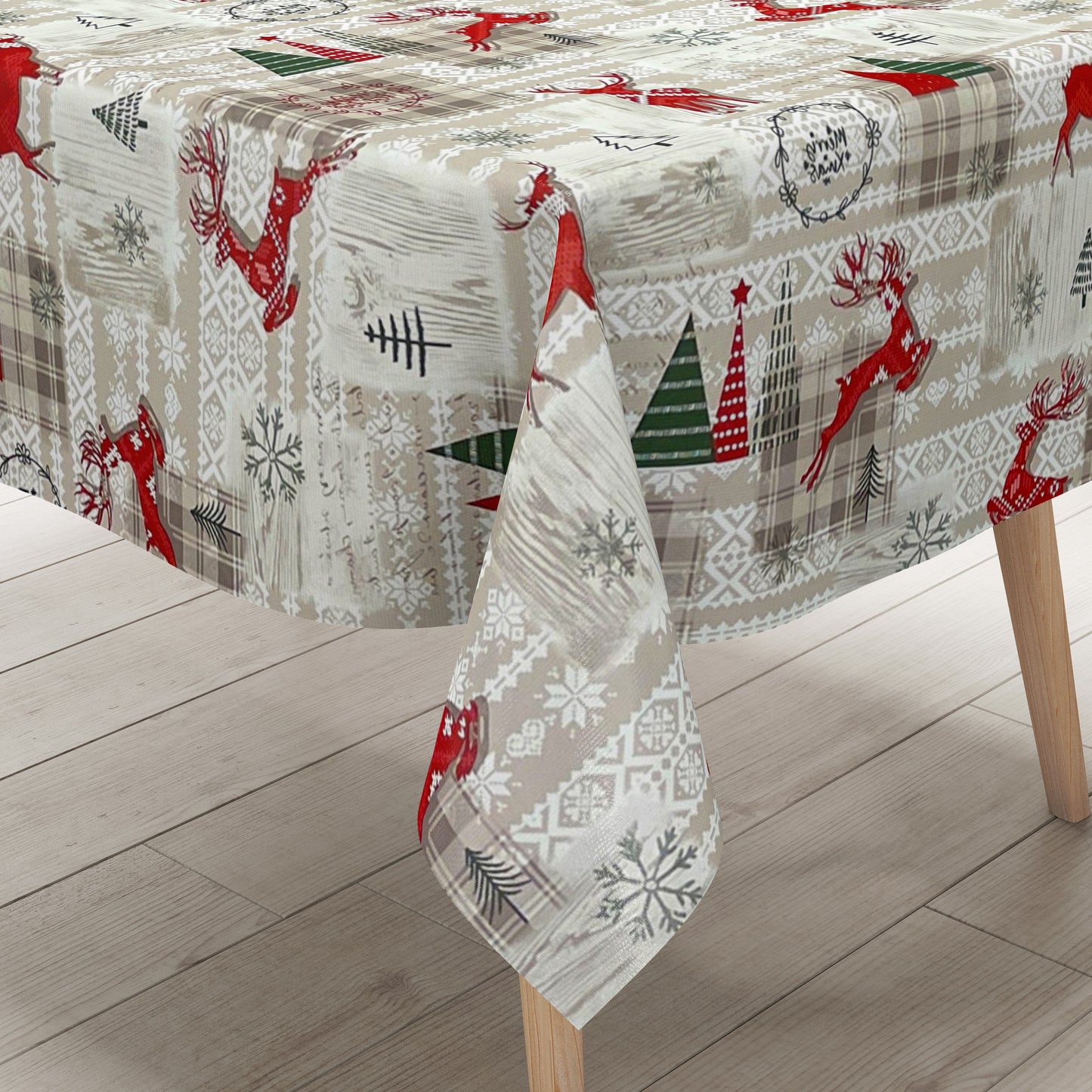 KEVKUS Wachstuch Tischdecke Weihnachten P1152-1 Rentier kariert beige braun eckig rund oval