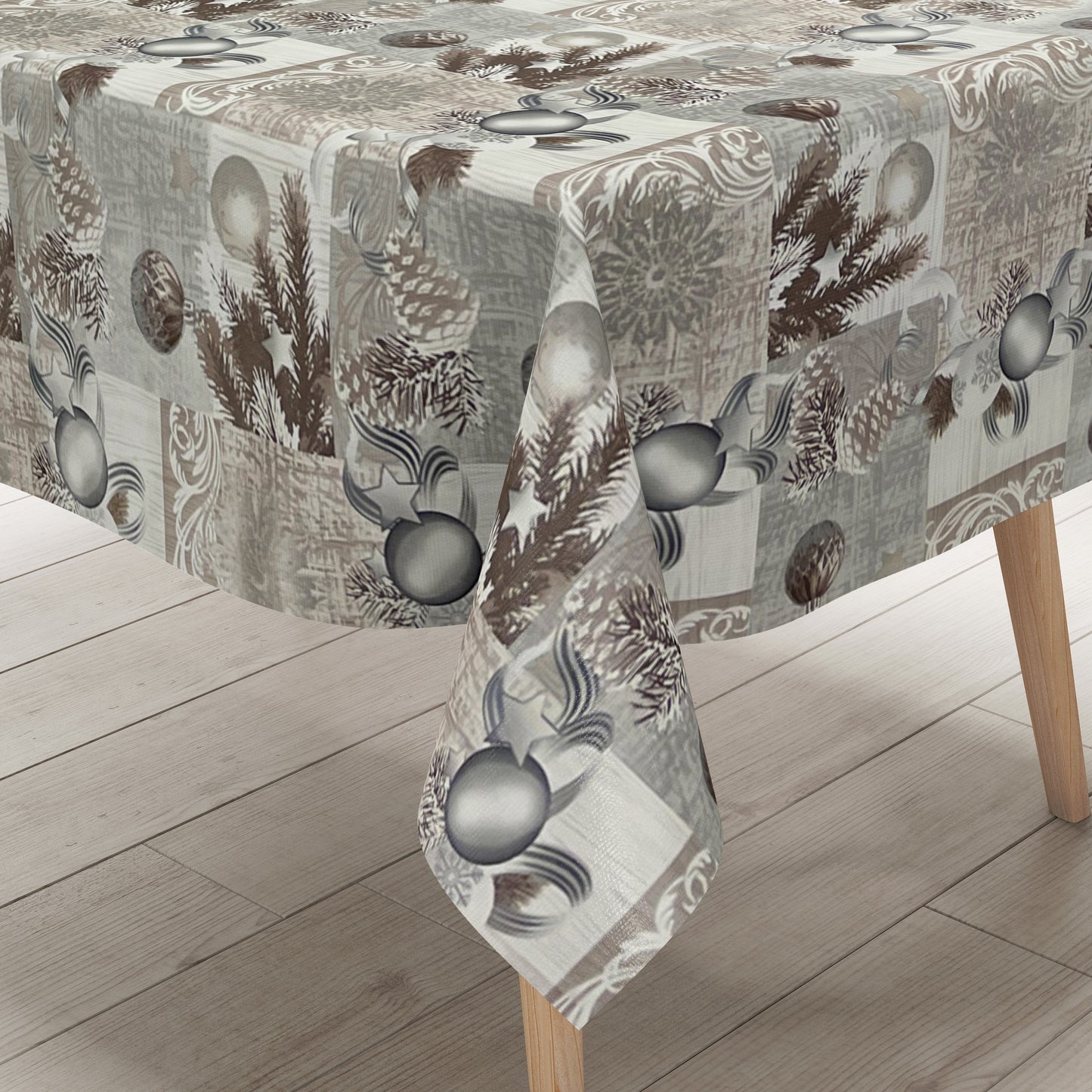 KEVKUS oilcloth tablecloth Christmas P848-3 Christmas bells silver-bronze square round oval