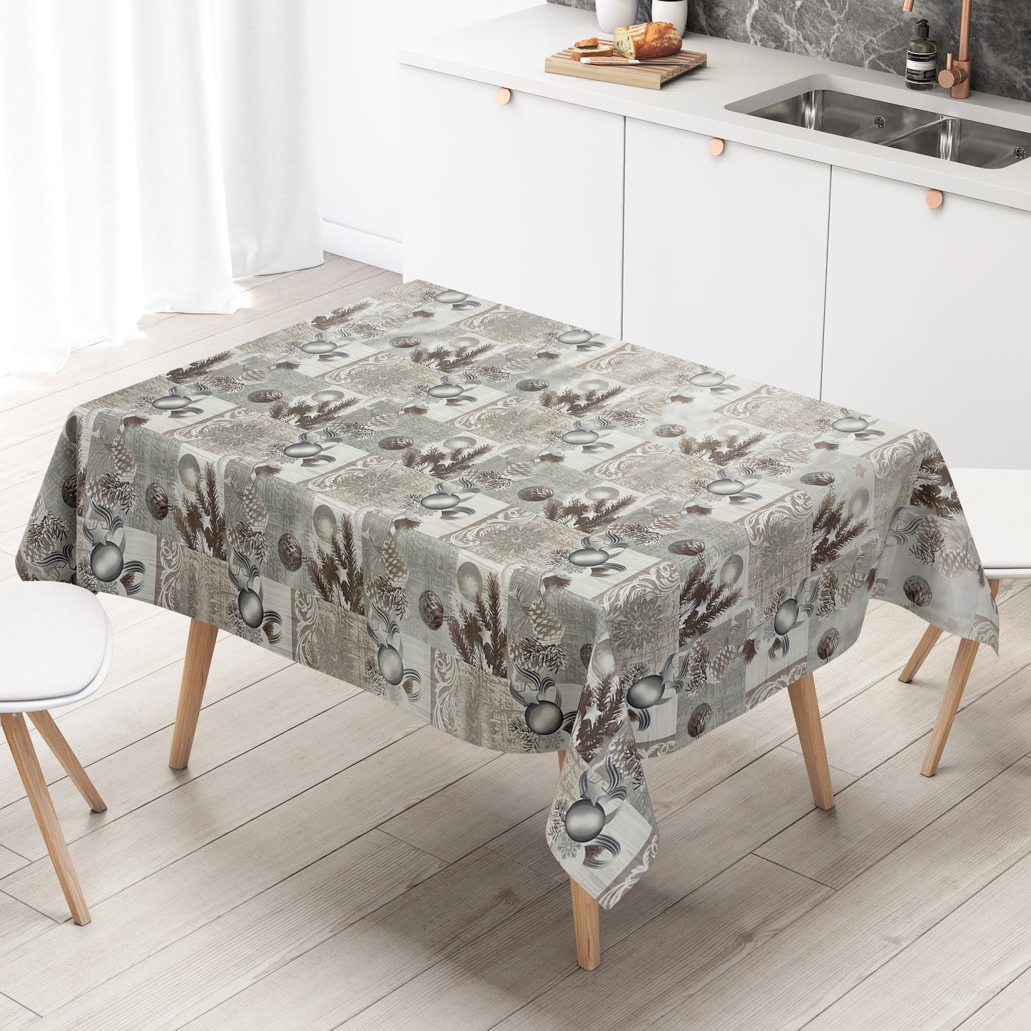 KEVKUS oilcloth tablecloth Christmas P848-3 Christmas bells silver-bronze square round oval