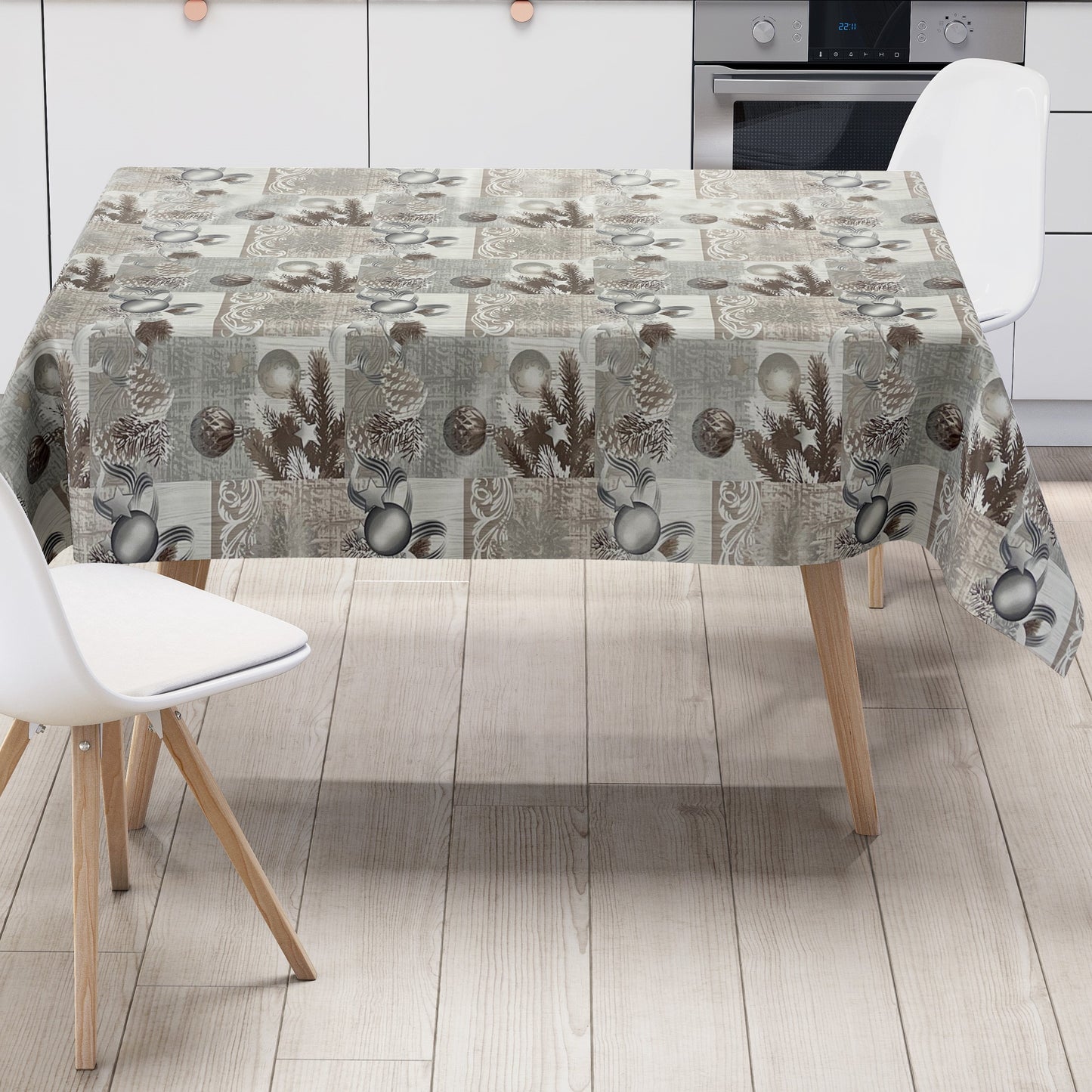 KEVKUS oilcloth tablecloth Christmas P848-3 Christmas bells silver-bronze square round oval