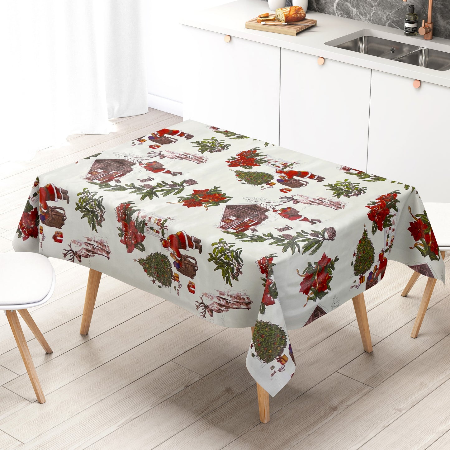Nappe en toile cirée KEVKUS Noël P984-1 Père Noël sur blanc carré rond ovale