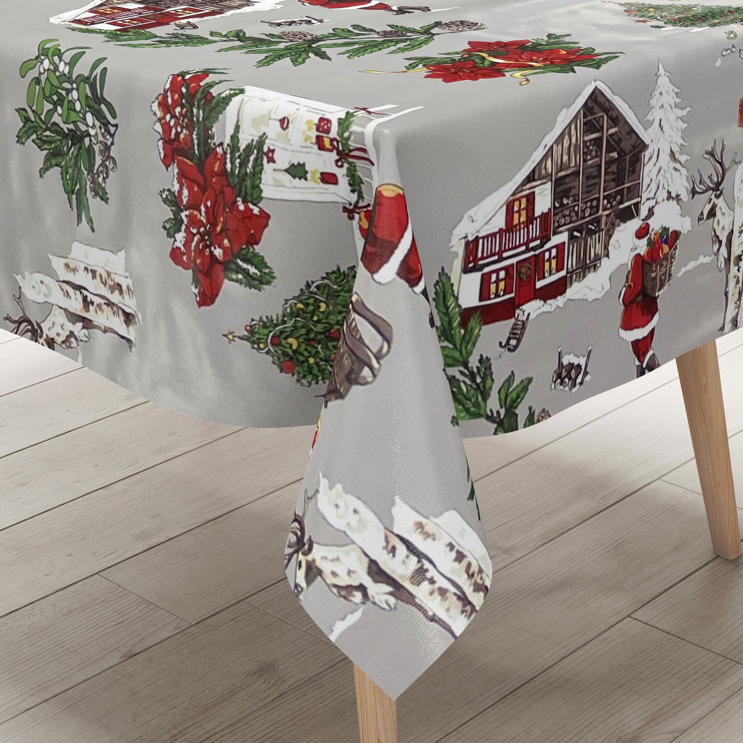 Nappe toile cirée KEVKUS Noël P984-2 Père Noël sur carré gris ovale rond